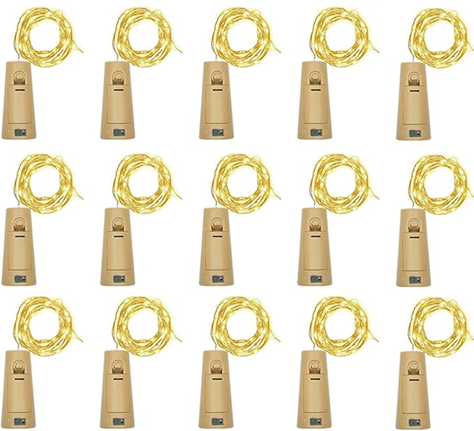 Wine Bottle Lights with Cork, Battery Operated 15 Pack 20 LED Cork Shape Silver Wire Fairy Mini String Lights(No Bottles) for DIY, Party, Decor, Christmas, Halloween,Wedding (15, Warm White)