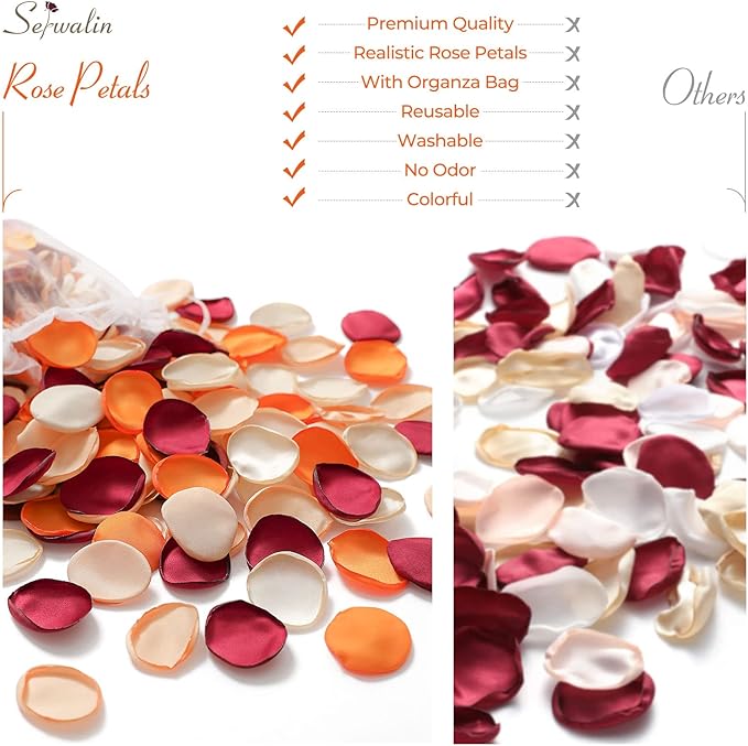 Serwalin 500Pcs Silk Rose Petals Flower Petals for Weddings Burgundy Gold White Petals Fake Orange Petals for Aisle Flower Girl Basket Bridal Shower Table Decor (4 Color Mixes)