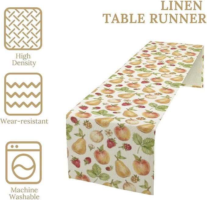 Vintage Spring Summer Fruit Table Runner Watercolor Pear Strawberry Leaves Dinner Runner for Farmhouse Party Holiday Home Kitchen Dining Table Decor 13x70