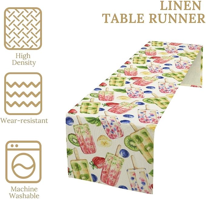 Ice Cream Table Runner, Watercolor Fruit Ice Popsicles Berry Kiwi Cold Summer Desserts Seasonal Dinner Runner for Party Holiday Home Kitchen Dining Table Decor 13"x108"