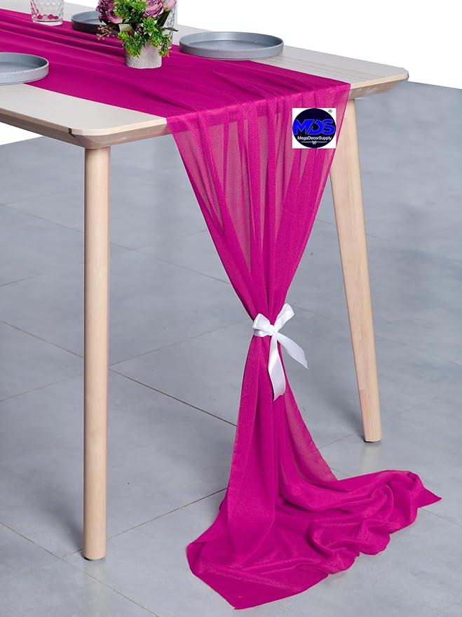 MDS 5 Pack 10ft Chiffon Table Runner 29 x 120 Inches Sheer Wedding Runner Romantic Rustic Table Runner for Wedding Decorations, Birthday Parties, Bridal Shower Party Arch Decor - Magenta
