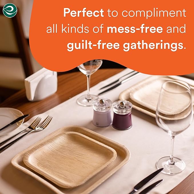 ECO SOUL Compostable 7 & 10 Inch Palm Leaf Square Plates (200 Count) Like Bamboo Plates | Biodegradable | Eco-Friendly, Microwave & Oven Safe - Party Pack