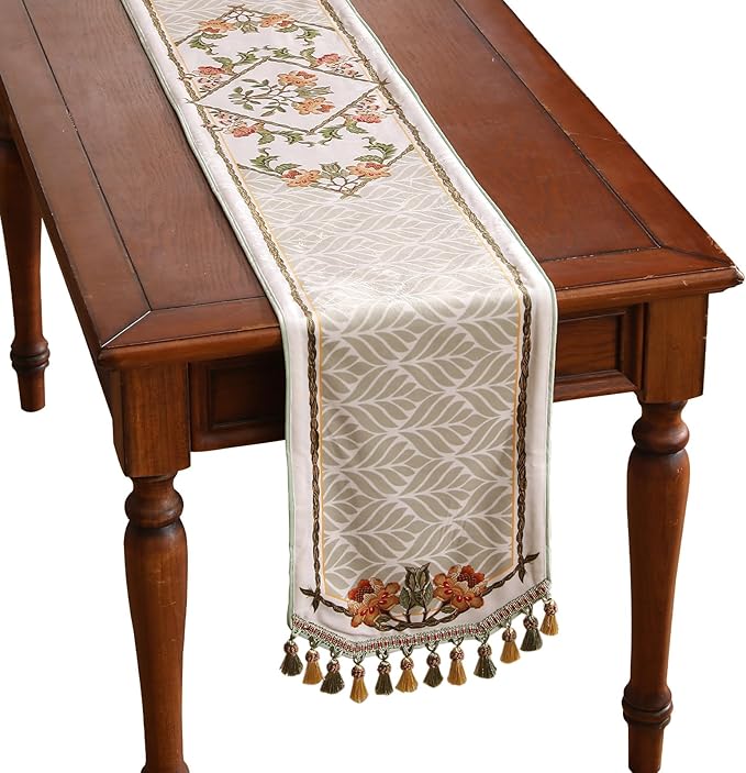 patdrea Designer French Floral Extra Long Velvet Table Runner 118 Inch Long,Green Orange Blossoms Pattern Table Mat, Decor for Kitchen Dining Coffee Table Cabinet Banquet Thanksgiving,16"*118"