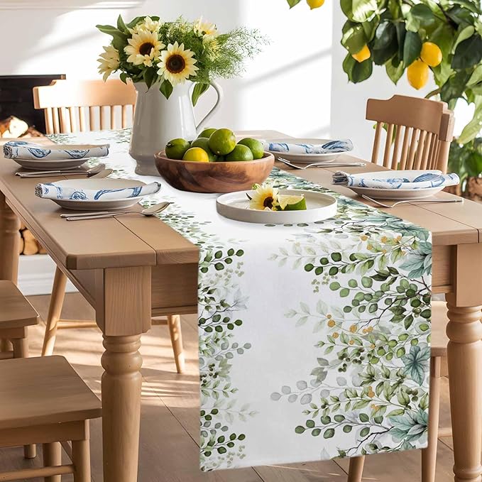 Sage Green Eucalyptus Cotton Linen Table Runner for Dining Kitchen, Farmhouse Leaves Wedding Outdoor Party Tablerunners Decoration Botanical Floral Dresser Scarf Coffee Tablecloth Runners 13x48 Inches