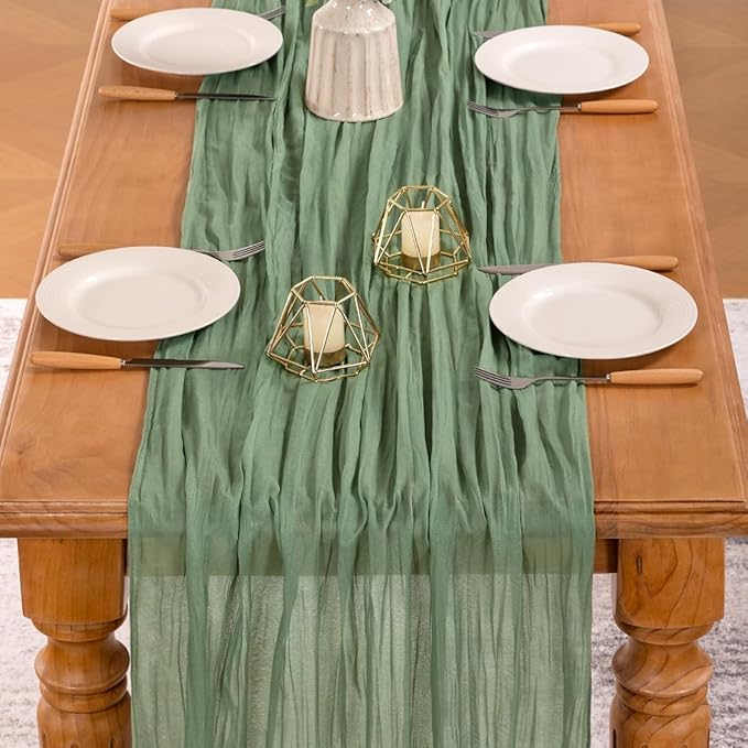 MLMW 4 Pack Sage Green Table Runner Cheesecloth Boho Gauze Rustic Cheese Cloth Table Runner 160 inch Sheer 13.3ft for Wedding Party Baby Bridal Shower Birthday