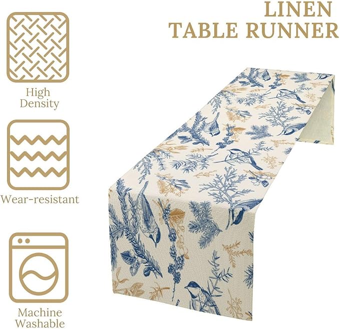 Chinoiserie Flowers Table Runner, Seasonal Spring Fall Plants Blue Florals Birds Dinner Runner for Home Kitchen Dining Table Party Holiday Decoration 13"x60"