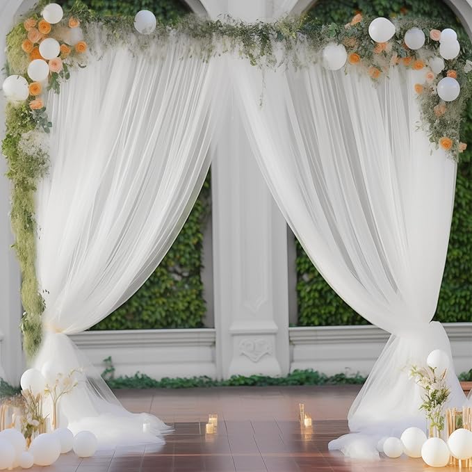 10x10 White Tulle Backdrop Curtains for Parties, Sheer Backdrop Curtain Wedding Photo Background Drapes for Baby Shower Photography Birthday Party