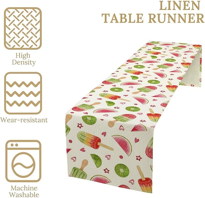 Summer Popsicles Table Runner, Colorful Watercolor Ice Cream Loves Heart Seasonal Dinner Runner for Party Holiday Home Kitchen Dining Table Decor 13"x36"