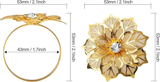 KPOSIYA Flower Napkin Rings Holder Metal Gold Napkin Rings Set of 12 for Wedding Party Holiday Banquet Christmas Dinner Delicate Serviette Buckles Decor Favor (12, Flower-Gold)