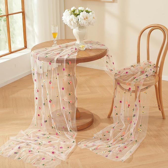Champagne Embroidery Daisy Fall Table Runner 120Inch 10FT Florals Soft Sheer Tulle Fabric Table Runner for Home Decor, Brithday, Wedding, Baby Shower ,Holiday ,Parties, DIY Craft,3PC