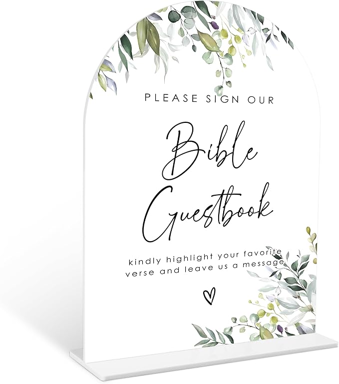 Greenery Bible Guest Book Sign, 6 x 8 Inch White Arch Acrylic Wedding Sign with Holder, Wedding Sign for Ceremony and Reception, Wedding Decoration, Wedding Supplies - LY28