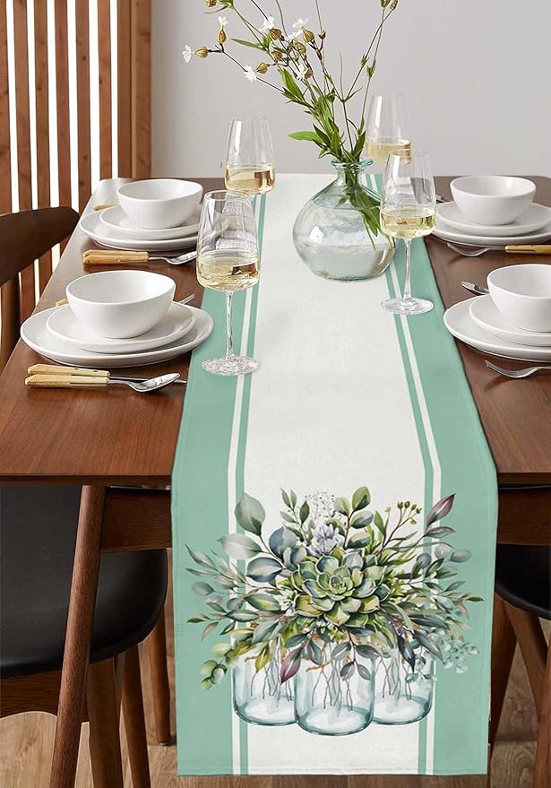 Eucalyptus Cotton Linen Table Runner for Dining Kitchen, Wedding Outdoor Party Tablerunners Decoration, Green Leaves Botanical Plants Watercolor Dresser Scarf Coffee Tablecloth Runners 13x60 Inches