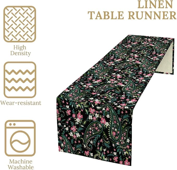 Paisley Table Runner, Abstract Vintage Boho Pink Paisley Flowers Green Teal Leaves Print Table Runner for Dinning Holiday Party Indoor Outdoor Decor, 13x108inch