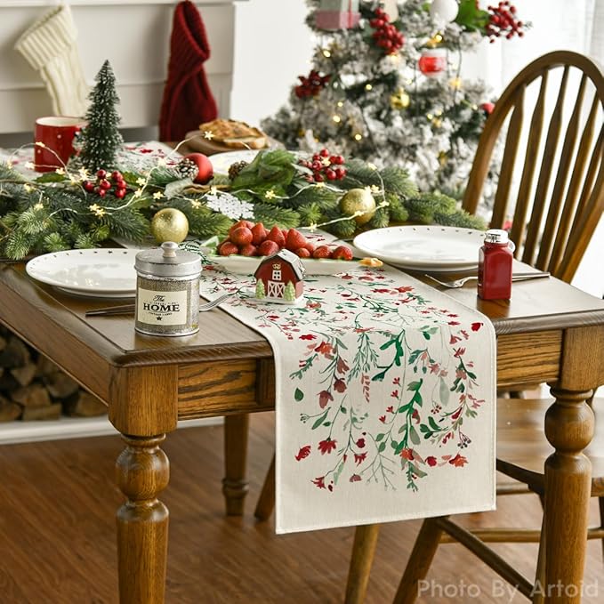 Artoid Mode Floral Leaves Christmas Table Runner, Wild Flowers and Grasses Winter Kitchen Dining Table Decoration for Home Party Decor 13x72 Inch