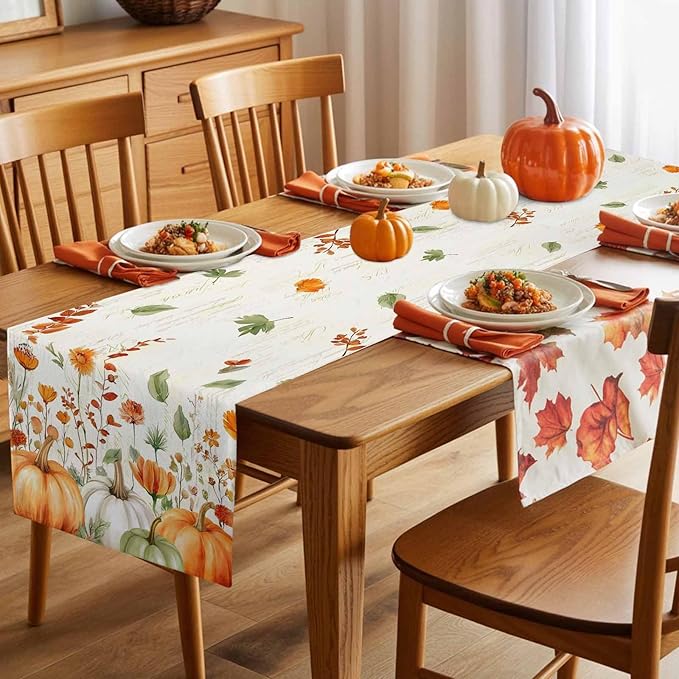 Fall Wildflowers Cotton Linen Table Runner for Dining Kitchen, Thanksgiving Pumpkin Outdoor Party Rustic Tablerunners Decoration,Botanical Floral Vintage Dresser Scarf Tablecloth Runners 13x120 Inches