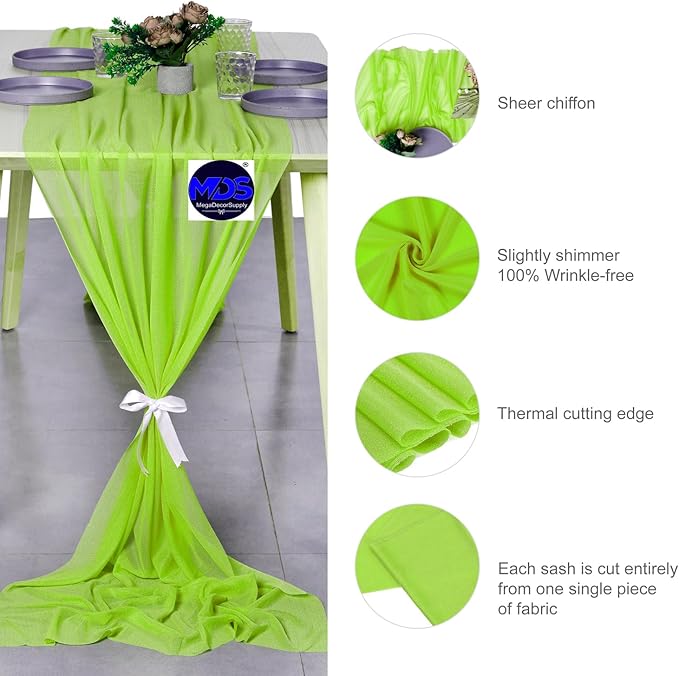 MDS Halloween Chiffon Table Runner - 10 Pack, 29 x 120 Inches, 10ft Each - Sheer Spooky Table Runners for Haunted House Parties, Trick-or-Treat Tables, Witchy Décor, Wedding & Events - Parrot Green