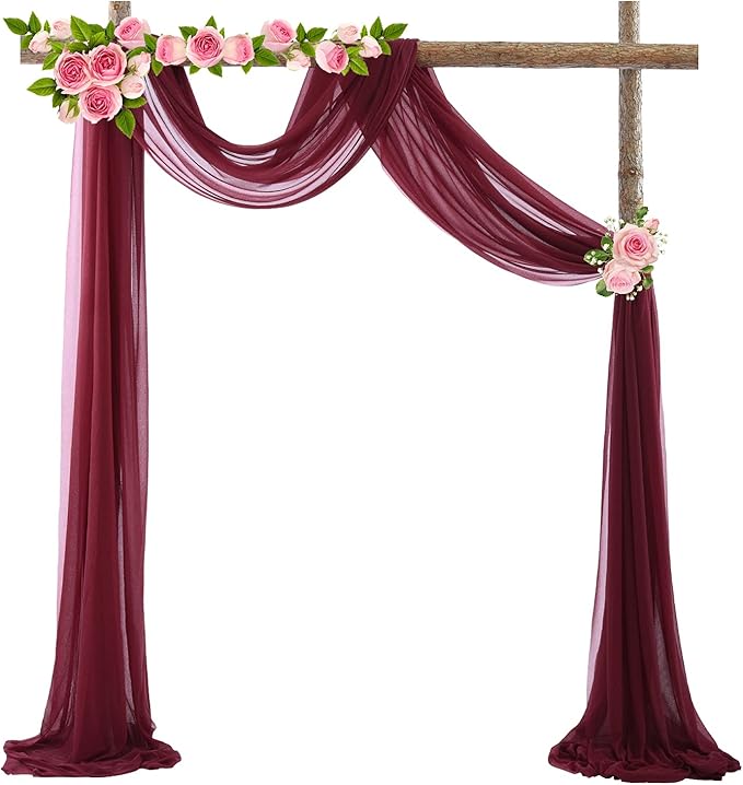 Arch Drapes for Wedding Arch Draping Fabric Burgundy Sheer Backdrop Curtain for Ceremony Bridal Party Decor 19Ft Length x 28" Width 2 Panel