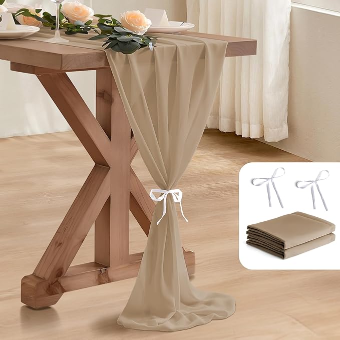 2 Pack 10 Ft Chiffon Table Runner Beige Gauze Long Table Runners 27x120 Inches Sheer Tulle Table Runner for Rustic Wedding Reception Bridal Shower Decorations Birthday Party