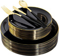150pcs Black Plastic Plates, Black and Gold Plates,Gold Plastic Silverware,Black and Gold Dinnerware Set,Premiun Taleware,Perfect for Birthday,Party,Wedding,Anniversary