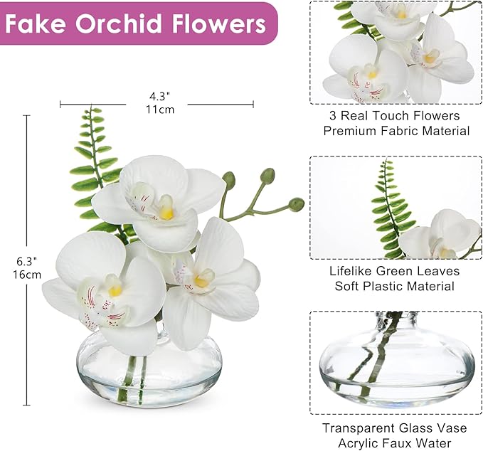 White Orchids Artificial Flowers Faux Orchids Arrangement in Clear Glass Vases Set of 3 Real Touch Phalaenopsis Orchid Flowers Small Fake Orchid Centerpiece for Dining Room Table