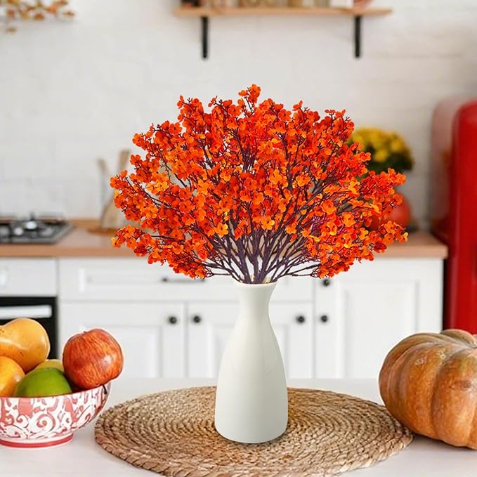 12PCS Fake Fall Flowers Orange Baby Breath Artificial Flowers Real Touch Silk Floral Arrangement Thanksgiving Autumn Table Centerpieces Home Kitchen Decor