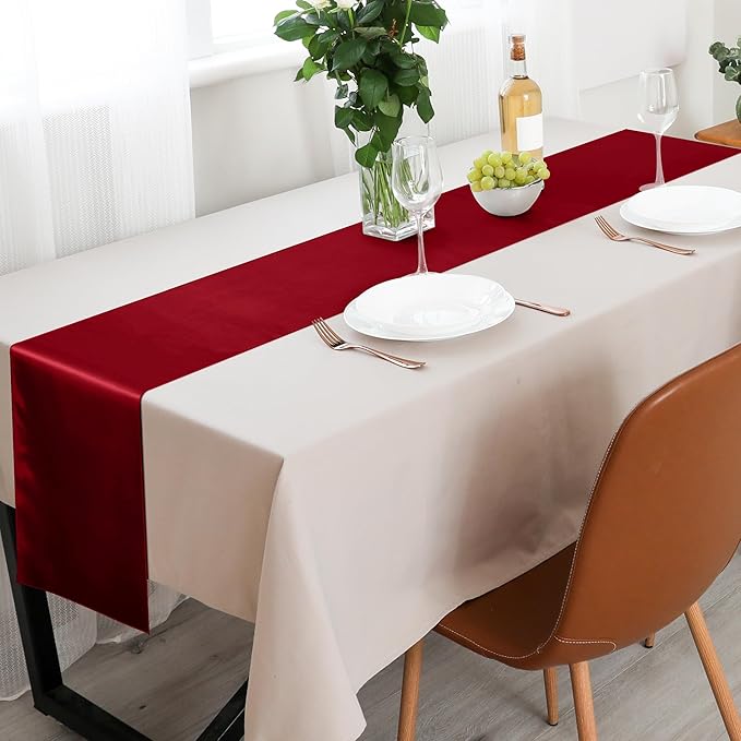 Aneco 16 Pack Satin Table Runner 12 x 108 Inch Burgundy Long Wedding Satin Silk Table Runner for Wedding Banquet Graduations Birthday Party Decoration