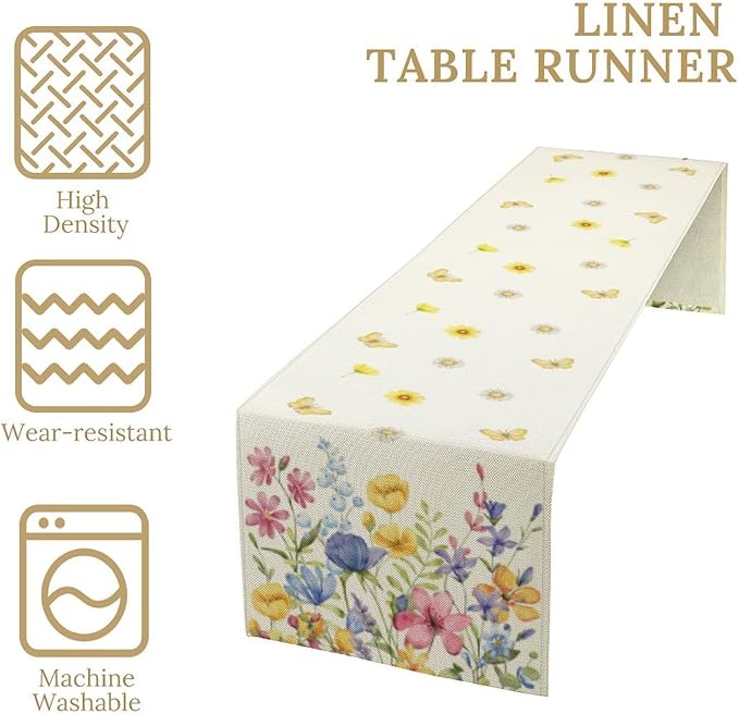 Flower Table Runner, Colorful Watercolor Pink Flower Plants Nature Butterfly Table Runner for Kitchen Dinner Living Room Home Party, 13x60 Inch