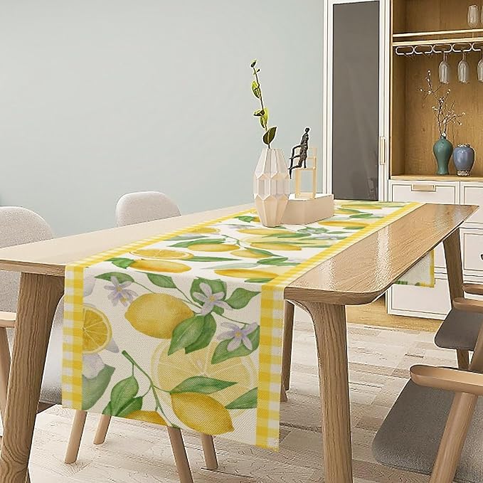 Lemon Table Runner,Yellow White Buffalo Plaid Summer Table Runner for Kitchen Dining Table Home Party Decoration 13x36 Inch