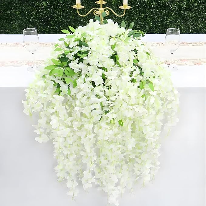 24 Pack Green White Wisteria Hanging Flowers, 3.4 Ft Fake Hanging Flowers, Artificial Wisteria Garland Vines for Wedding Room Backdrop Outdoor Patio Garden Decoration