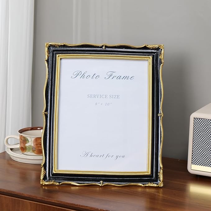 8x10 Black and Gold Picture Frame Vintage Frame, Ornate Textured Hand-Crafted Resin Photo Frames with Glass Front, 8 by 10 Decorative Picture Frame for Wall & Tabletop, Antique Frame Home Decor
