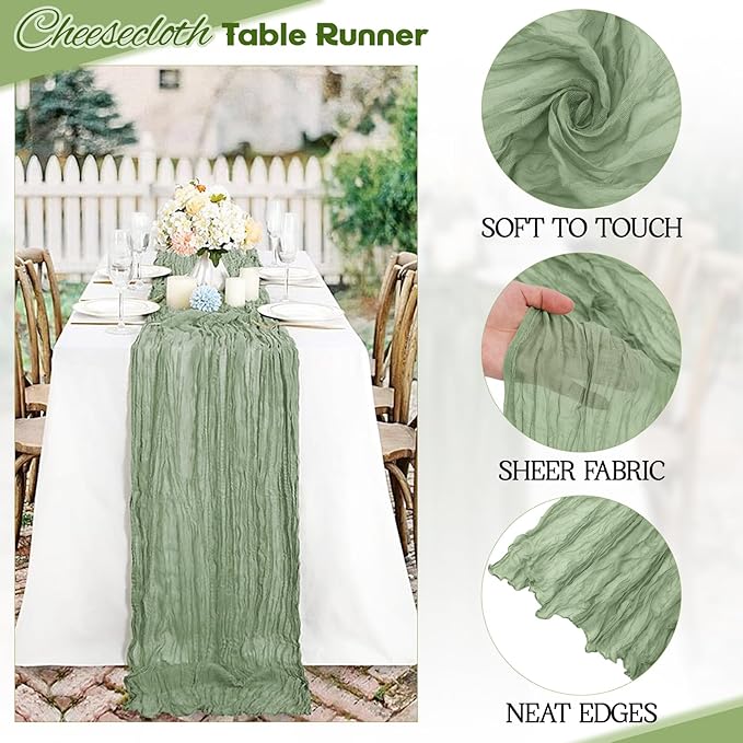 Aktor 4 Pack Sage Green Table Runner Boho Cheesecloth Table Runner Semi Sheer Gauze Fabric Runners for Wedding Birthday Baby Shower Party Boho Table Decoration（Sage Green）