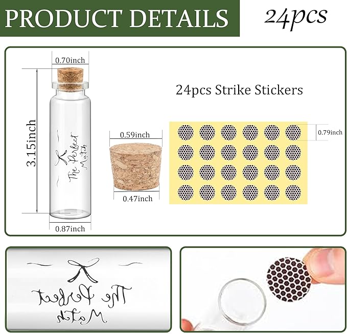 24 Matches Holders Empty Jars with 24 Striker Stickers, Empty Matches in A Jar with Striker DIY Wedding Favors, Candle Holder Containers & Bulk Storage| The Perfect Match Box (0.87x3.15 Inch) (24)