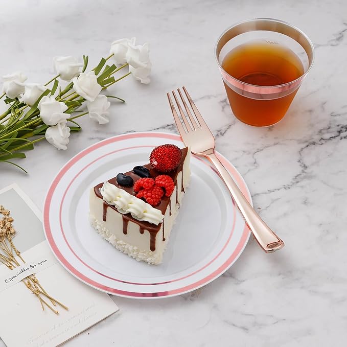 BESTVIP 600PCS Plastic Dinnerware Set (100 Guests), Rose Gold Disposable Plates for Party, Wedding, Christmas, Anniversary, Includes: Dinner Plates, Dessert Plates, Cups, Spoons, Forks and Knives