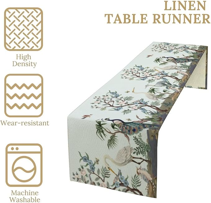 Peacock Table Runner,Retro Chinese Peonies Flowers Peacock Table Runner for Home Kitchen Dining Party Indoor Outdoor Decoration 13x60 Inch