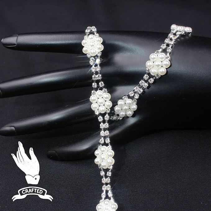 PEARLY JUN 2 Yards Pearl Rhinestone Trim Chain Silver Crystal Fringe Diamond Applique Ribbon String Tassel Strip for Sewing Wedding Dress Crafting Crafts Flower Embellishments