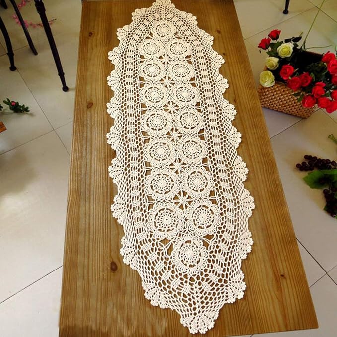 Cotton Handmade Crochet lace Table Runners Oval Tablecloth Doilies Doily Table Dresser Scarf Décor,15x35 inch,Beige