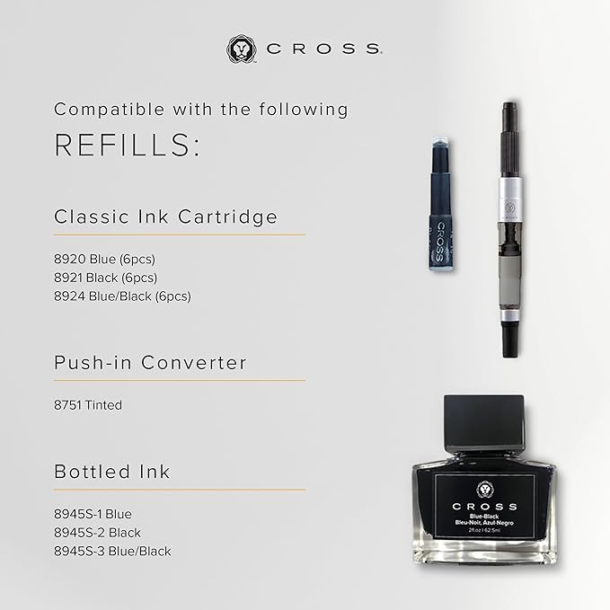 Cross Bailey Light Refillable Fountain Presented in a Everyday Gift Box - Medium Point, Black Ink, Polished Gray