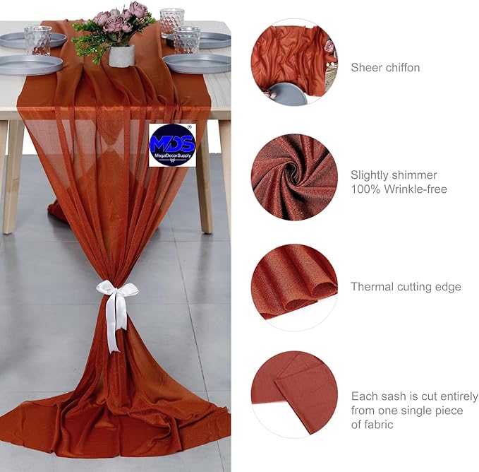 MDS Halloween Chiffon Table Runner - 10 Pack, 29 x 170 Inches, 14ft Each - Sheer Spooky Table Runners for Haunted House Parties, Trick-or-Treat Tables, Witchy Décor, Wedding & Events - Terracotta
