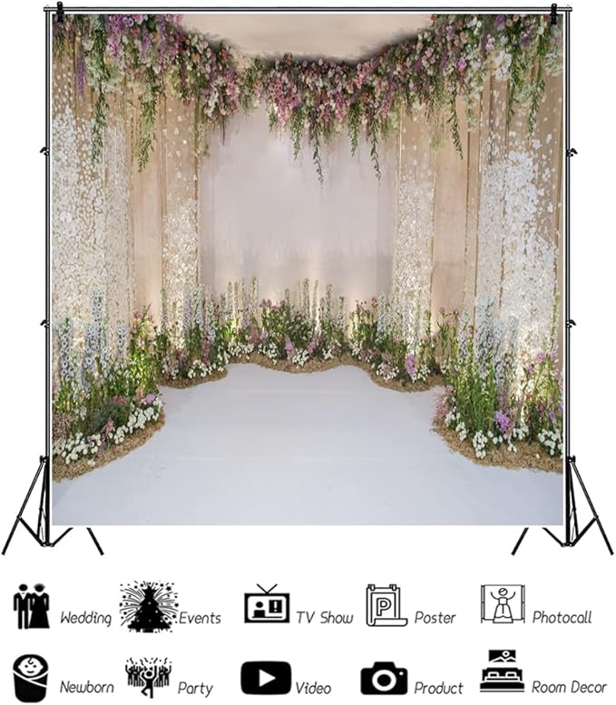 Renaiss 5x5ft Wedding Backdrop Romance Archway Flowers Blossom Sequins Curtain Cradle Ceremony Bridal Shower Photography Background for Anniversary Marriage Party Decor Photo Studio Props