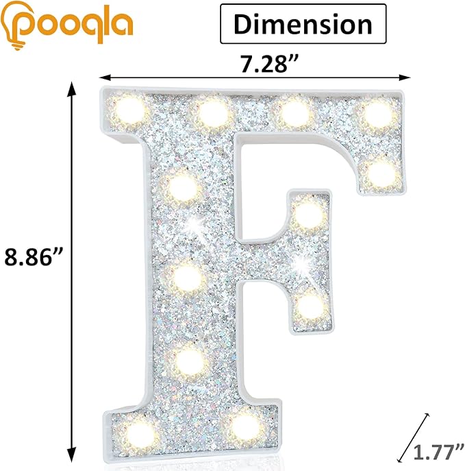 Pooqla Light Up Letters, LED Marquee Letters for Silver Birthday Decorations, Battery Powered Night Light Teenager Girl Room Decor, Gift for Girls Boys Wedding Bedroom Christmas Party Decor, Letter F