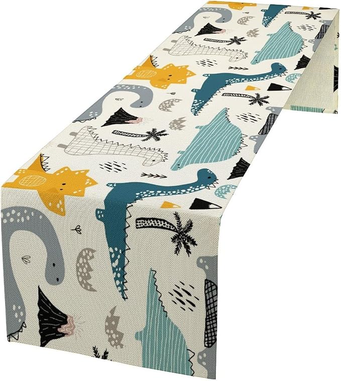 Cartoon Dinosaur Table Runner,Kids Boys Cute Various Dino Moutain Modern Abstract Print Tablecloth Burlap for Hotel Indoors Outdoor Dining Room Kitchen Holiday Party, 13x80in