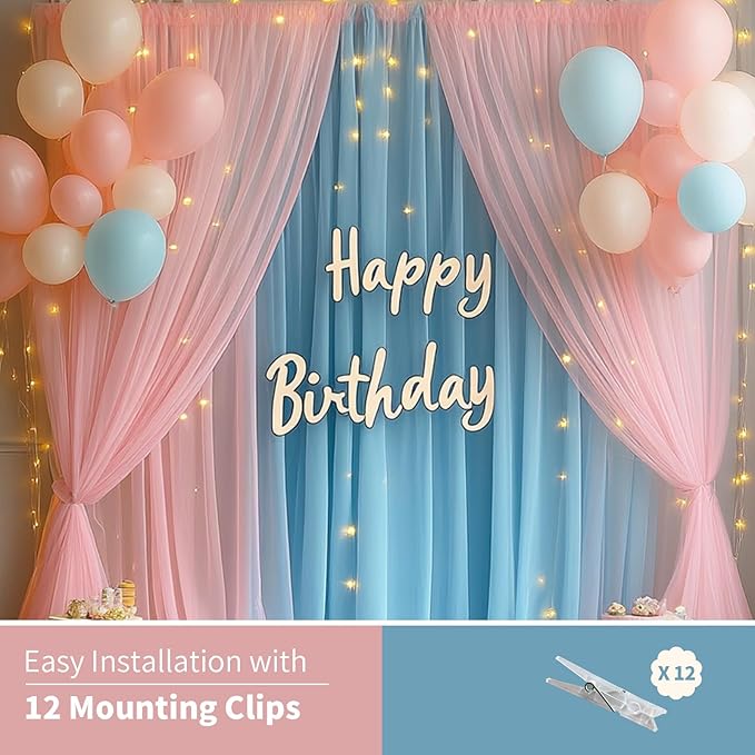 Pink Blue Tulle Backdrop Curtain with Lights String - 10x8ft Sheer Backdrop with 250 LEDs for Wedding, Baby Shower, Bridal Shower, Birthday Party Photo Shoot Background and Home Decorations