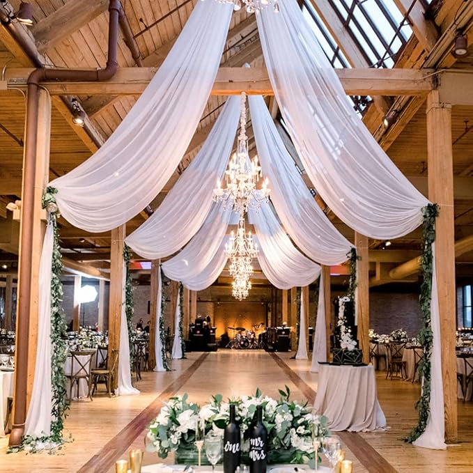 MODFUNS Ceiling Drapes for Parties White Sheer Chiffon Curtains 5x30FT 6 Panels Wedding Arch Drapes Fabric Sheers Arbor Drapery Tulle Ceiling Covering Fabric for Ceremony Stage Arbor Ornament