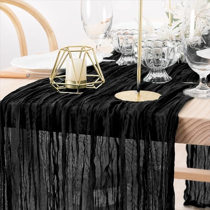 MLMW 6 Pack Halloween Table Runner Cheesecloth Black Boho Gauze Cheese Cloth 160 inch Rustic Sheer Table Runner 13.3ft for Party Wedding Baby Bridal Shower Birthday