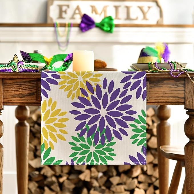 Artoid Mode Purple Dahlia Floral Pinnata Mardi Gras Table Runner, Carnival Seasonal Kitchen Dining Table Decoration for Home Party Decor 13x72 Inch