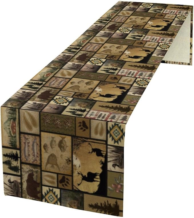 Vintage Deer Bear Table Runner, Fish Retro Farmhouse Cabin Lake Country Lodge Table Runner for Home Dinner Kitchen Living Room, 13x60 Inch