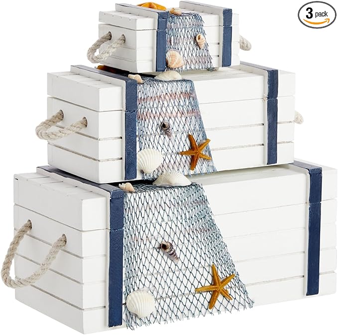 Juvale Nautical Wooden Jewelry Box Set - Jewelry Storage & Nautical Decor Boxes with Lids - Coastal Decor Table Centerpiece