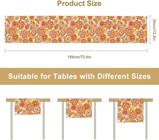 Vintage Floral Table Runner,70s Style Retro Daisies Flower Hippie Table Runner for Kitchen Dining Table Home Party Decoration 13x60 Inch