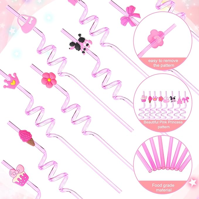 Yungyan 36 Sets Hot Pink Girl Party Favors Goodie Cups with Lids and Straws for Birthday Decorations Reusable 16oz Plastic Candy Cups Plastic Straws for Birthday Party (Pink Princess)