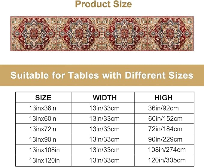 Boho Bohemia Style Table Runner, Vintage Red Brown Retro Flower Rustic Country Style Floral Print Pattern for Home Kitchen Table Decor Dining Coffee Room Garden Party Decor 13x72in